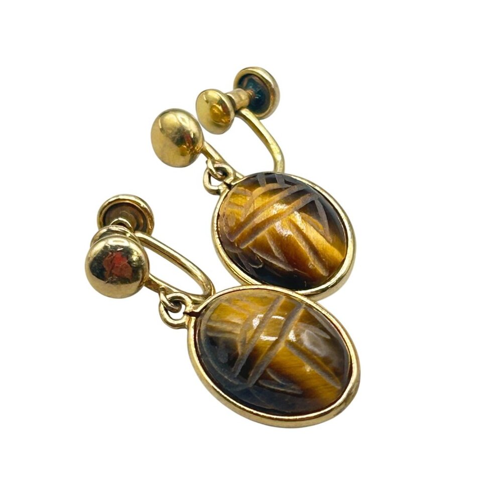 Vintage Gold Filled Scarabs Earrings Screw back Tiger Eye Dangles Carved Stones